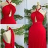 Pleated Cross-Front Halter Maxi Dress with Cutout