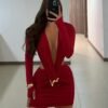 Plunging Deep V-Neck Gold Hardware Ruched Mini Dress